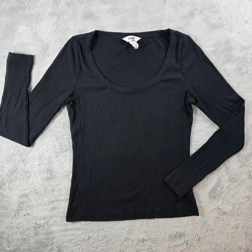 Spanx Women Small Black Top Long Sleeve Ribbed Scoop Neck Minimalist Chic
